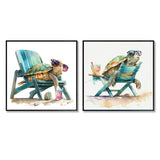 Traditional Wall Art Set - Turtle Laying On A Beach Chair With Sunglasses - 2 Pieces