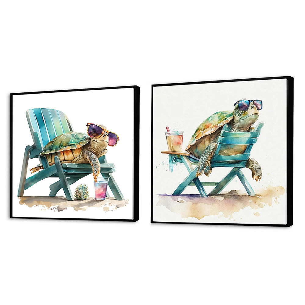 Traditional Wall Art Set - Turtle Laying On A Beach Chair With Sunglasses - 2 Pieces