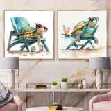 Traditional Wall Art Set - Turtle Laying On A Beach Chair With Sunglasses - 2 Pieces