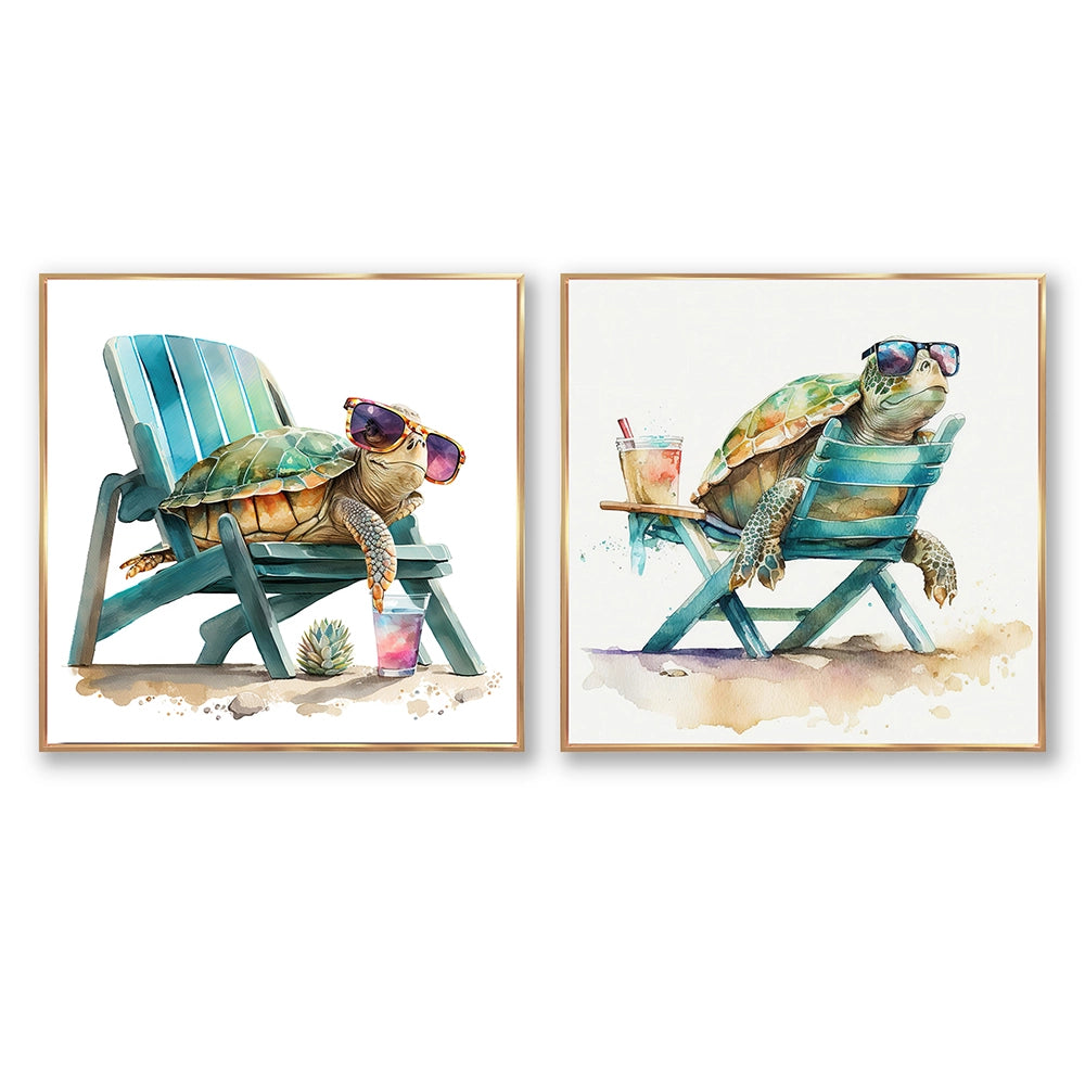 Traditional Wall Art Set - Turtle Laying On A Beach Chair With Sunglasses - 2 Pieces