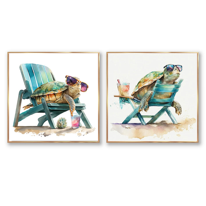 Traditional Wall Art Set - Turtle Laying On A Beach Chair With Sunglasses - 2 Pieces