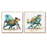 Traditional Wall Art Set - Turtle Laying On A Beach Chair With Sunglasses - 2 Pieces