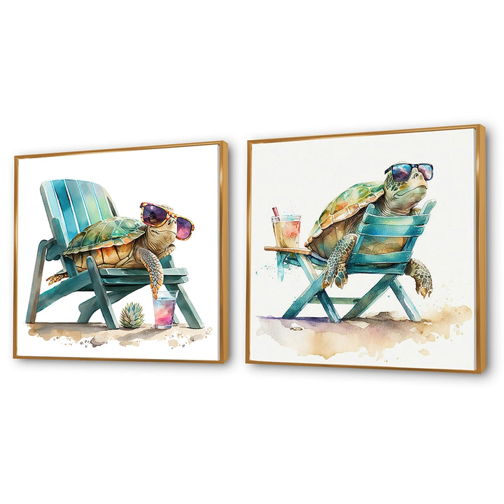 Traditional Wall Art Set - Turtle Laying On A Beach Chair With Sunglasses - 2 Pieces