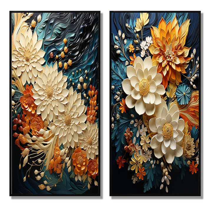Modern Wall Art Canvas Set - Orange Teal Botanical Whirlwind - 2 Pieces