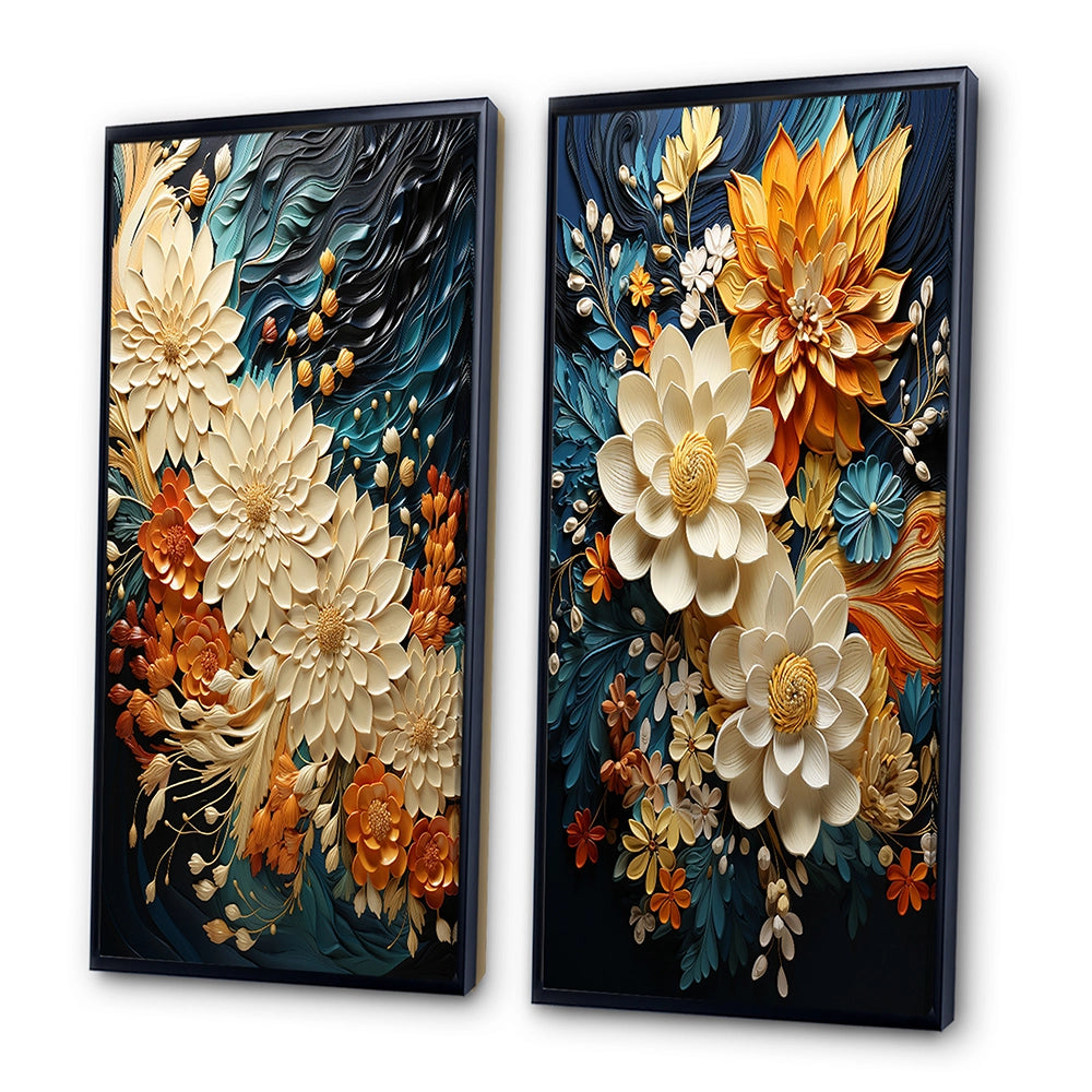 Modern Wall Art Canvas Set - Orange Teal Botanical Whirlwind - 2 Pieces