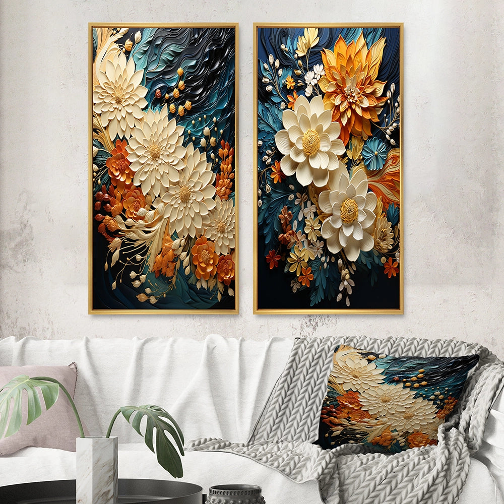 Modern Wall Art Canvas Set - Orange Teal Botanical Whirlwind - 2 Pieces
