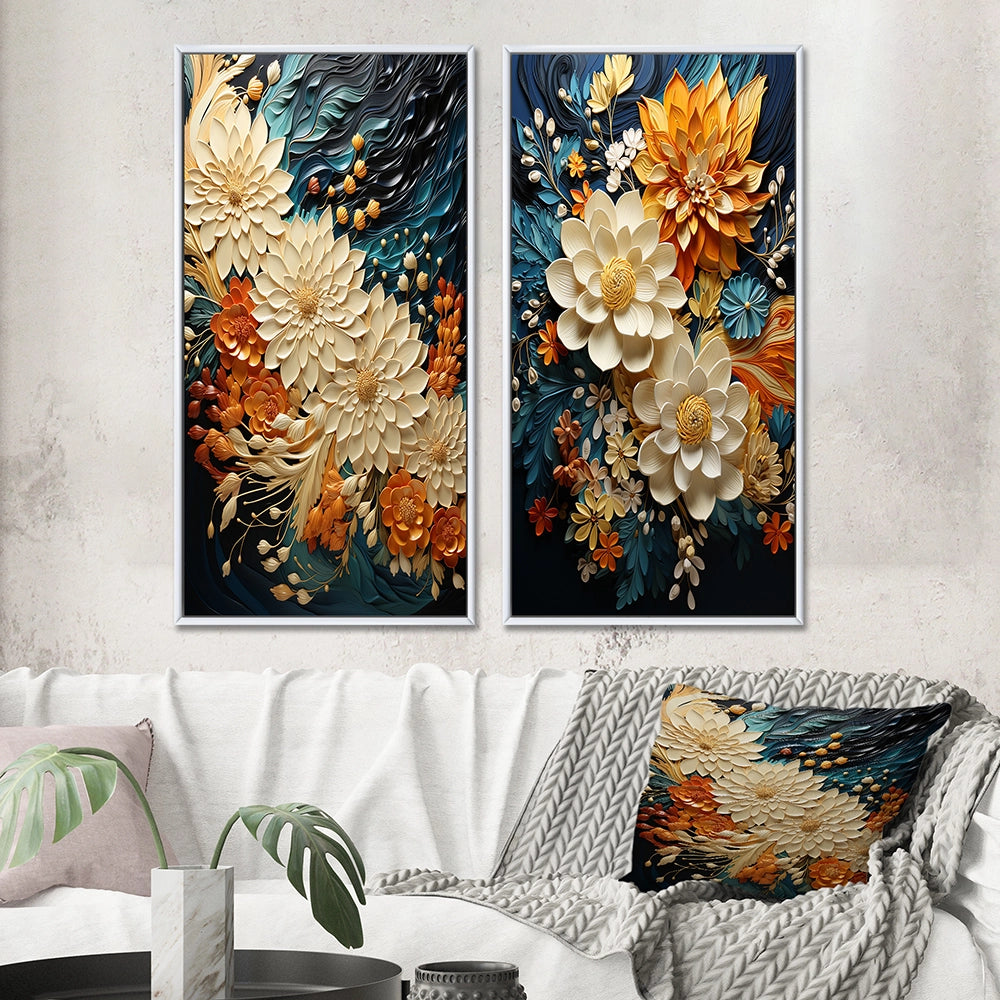 Modern Wall Art Canvas Set - Orange Teal Botanical Whirlwind - 2 Pieces