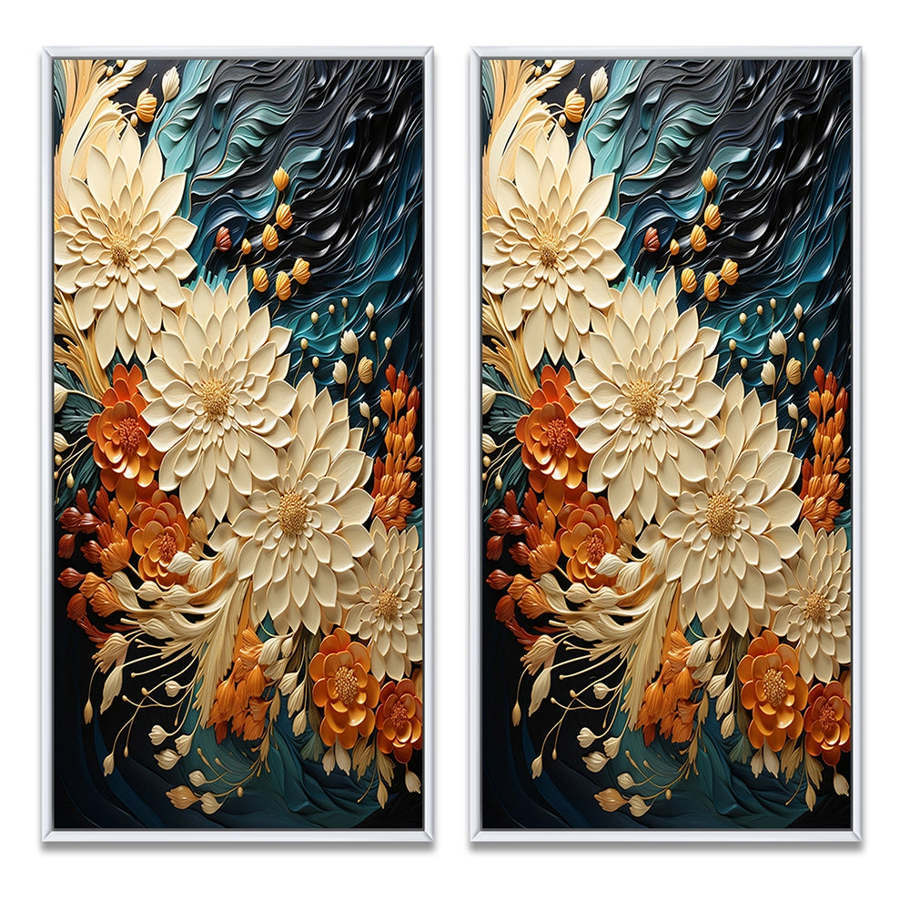 Modern Wall Art Canvas Set - Orange Teal Botanical Whirlwind - 2 Pieces