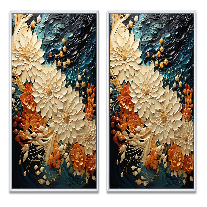 Modern Wall Art Canvas Set - Orange Teal Botanical Whirlwind - 2 Pieces