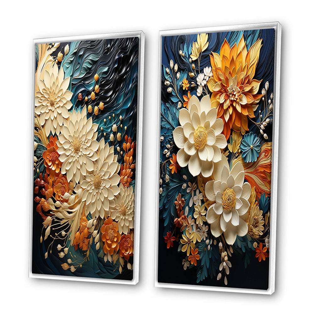 Modern Wall Art Canvas Set - Orange Teal Botanical Whirlwind - 2 Pieces