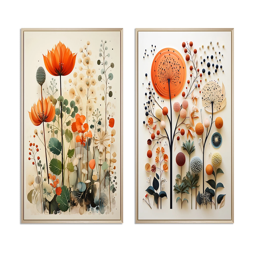 Modern Canvas Wall Art Set of 2 - Colorful Botanical Pointillism