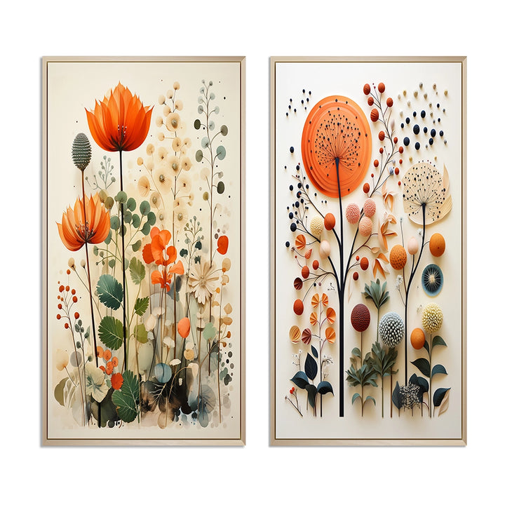 Modern Canvas Wall Art Set of 2 - Colorful Botanical Pointillism