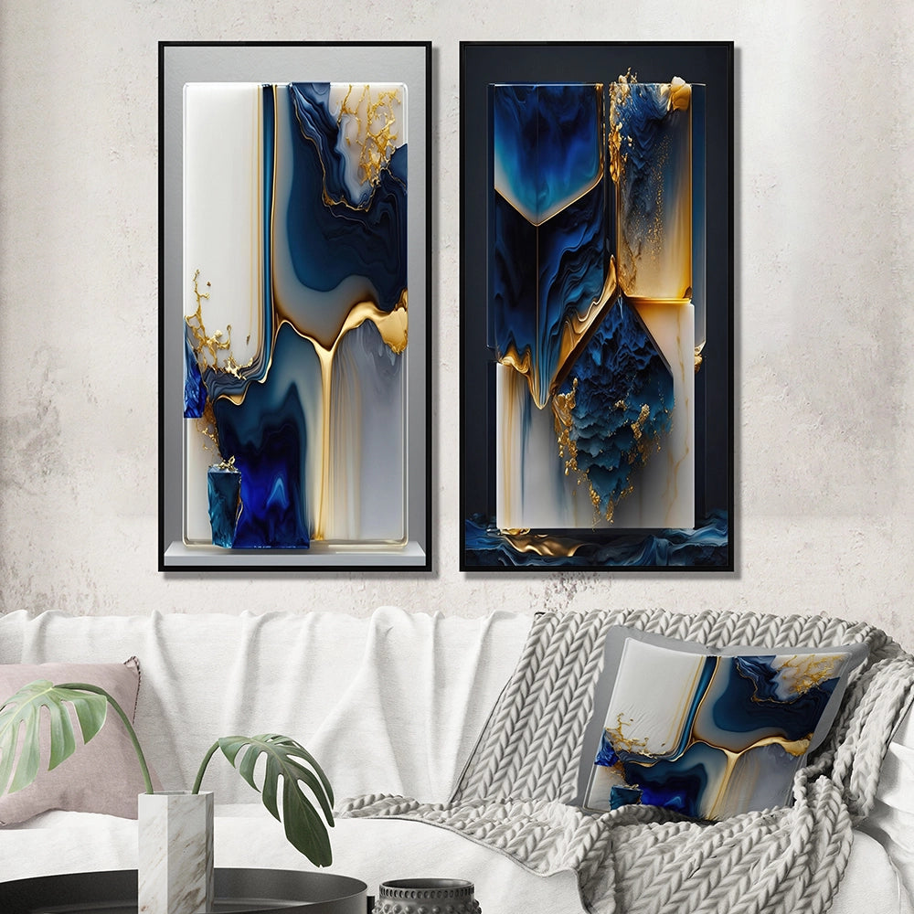 Abstract Marble Canvas Wall Art - Abstract Geode Gold And Blue Marble Shape - 2 Pieces