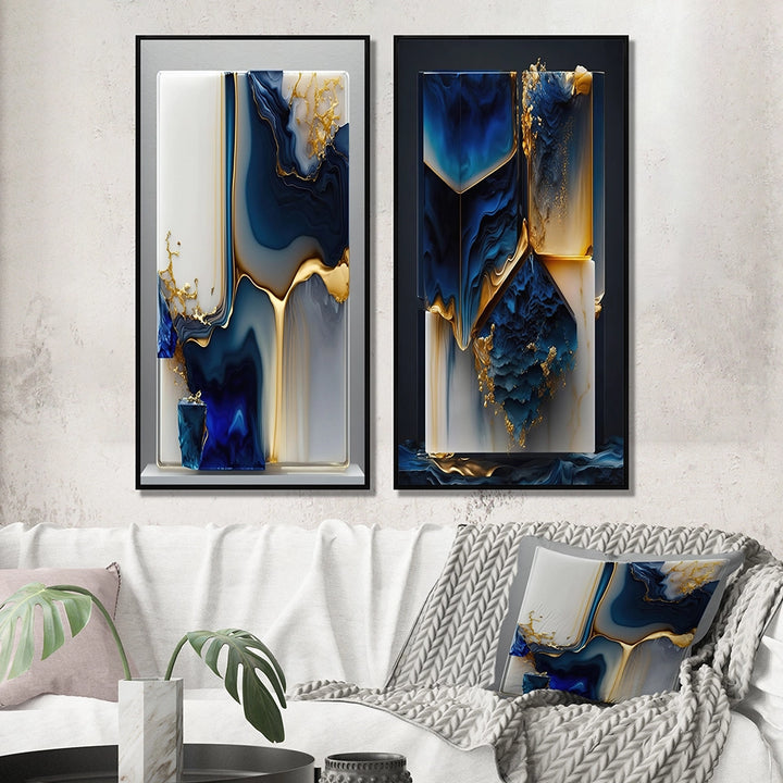 Abstract Marble Canvas Wall Art - Abstract Geode Gold And Blue Marble Shape - 2 Pieces