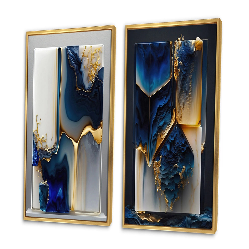 Abstract Marble Canvas Wall Art - Abstract Geode Gold And Blue Marble Shape - 2 Pieces