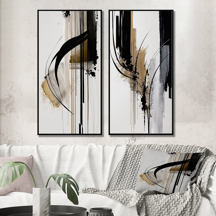 Abstract Canvas Wall Art Set of 2- Black, White And Gold Expression I