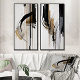 Abstract Canvas Wall Art Set of 2- Black, White And Gold Expression I