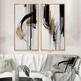 Abstract Canvas Wall Art Set of 2- Black, White And Gold Expression I
