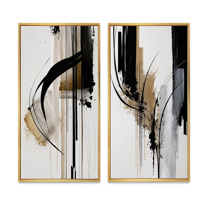 Abstract Canvas Wall Art Set of 2- Black, White And Gold Expression I