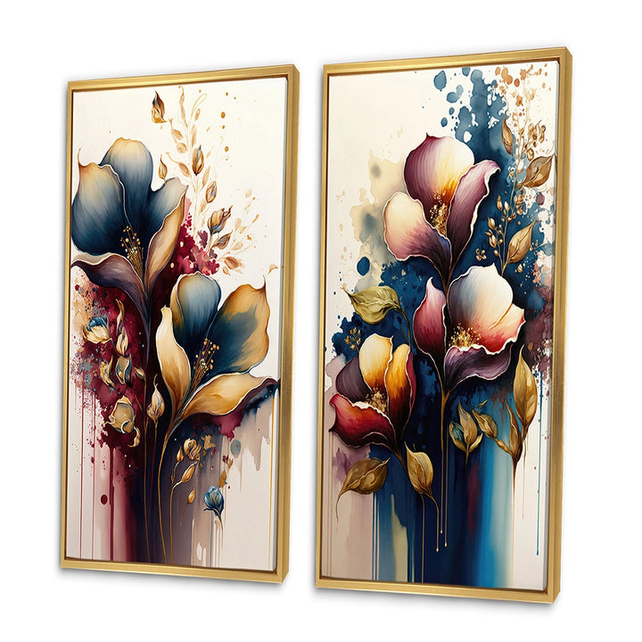 Traditional Multi Panel Canvas Wall Art - Blue And Burgundy Cally Lily Bouquet II