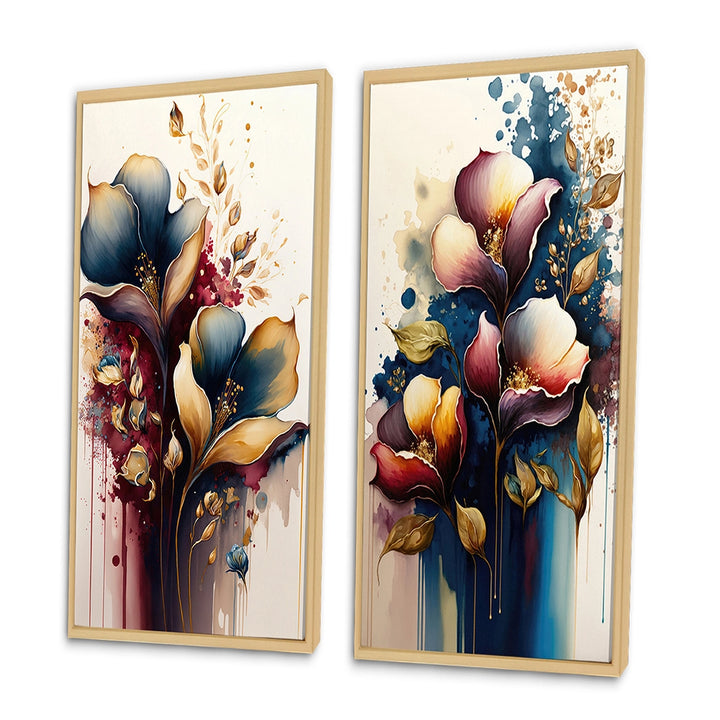 Traditional Multi Panel Canvas Wall Art - Blue And Burgundy Cally Lily Bouquet II
