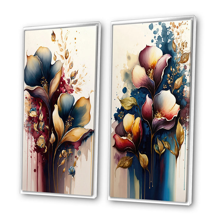 Traditional Multi Panel Canvas Wall Art - Blue And Burgundy Cally Lily Bouquet II