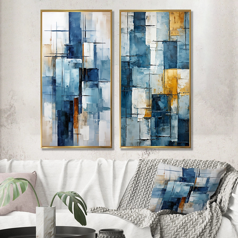Abstract Shapes Multi Panel Canvas Wall Art - Cerulean Cubism Shapes