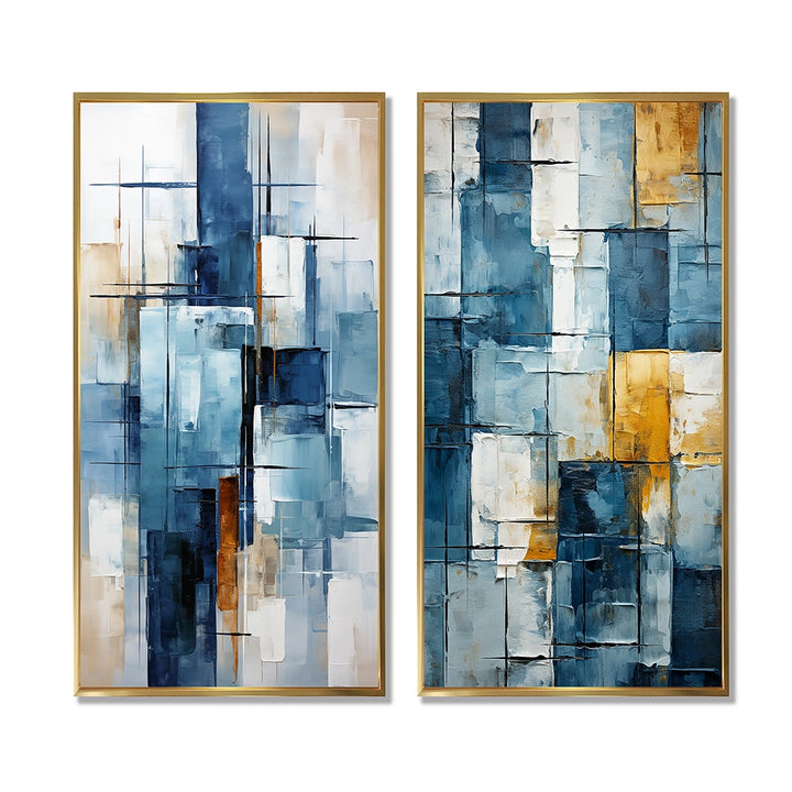 Abstract Shapes Multi Panel Canvas Wall Art - Cerulean Cubism Shapes