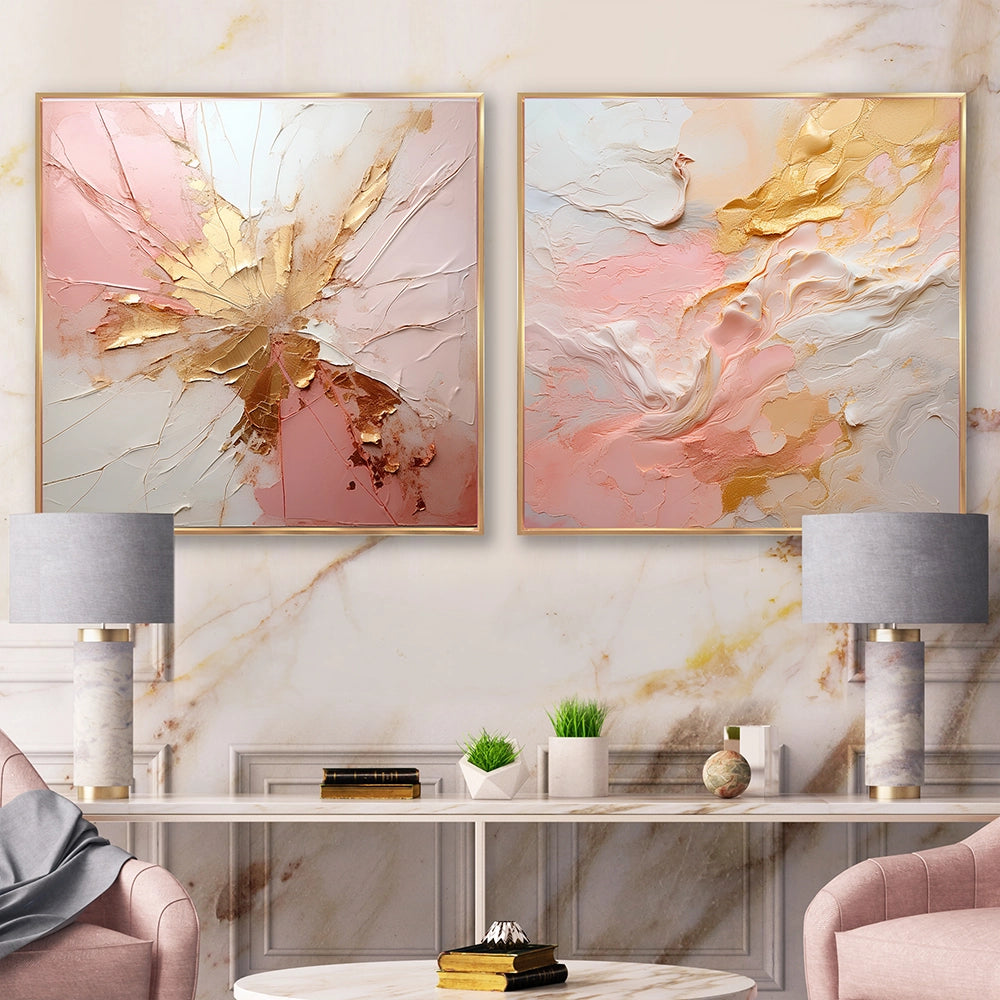 Abstract Painting Wall Art Set - Gold And Pink Paint Fusion - 2 Pieces
