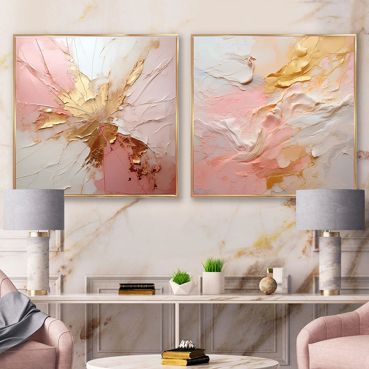 Abstract Painting Wall Art Set - Gold And Pink Paint Fusion - 2 Pieces