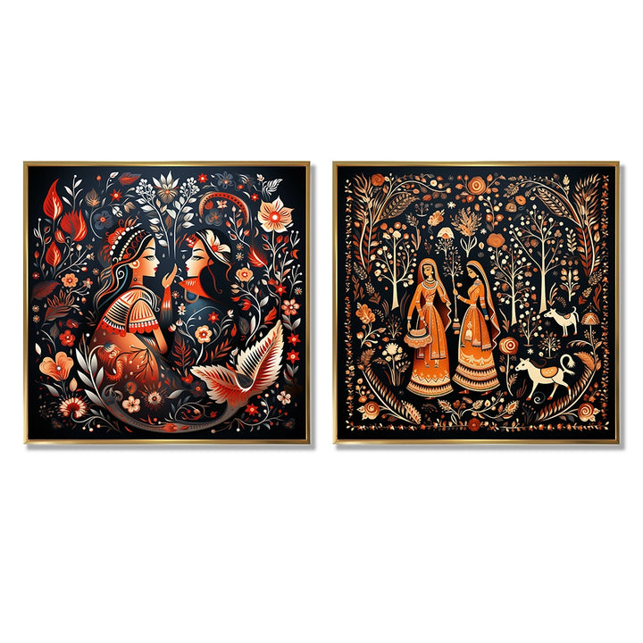 Indian Art Wall Art Set - Indian Art Rajasthani Folklore Tales I - 2 Pieces