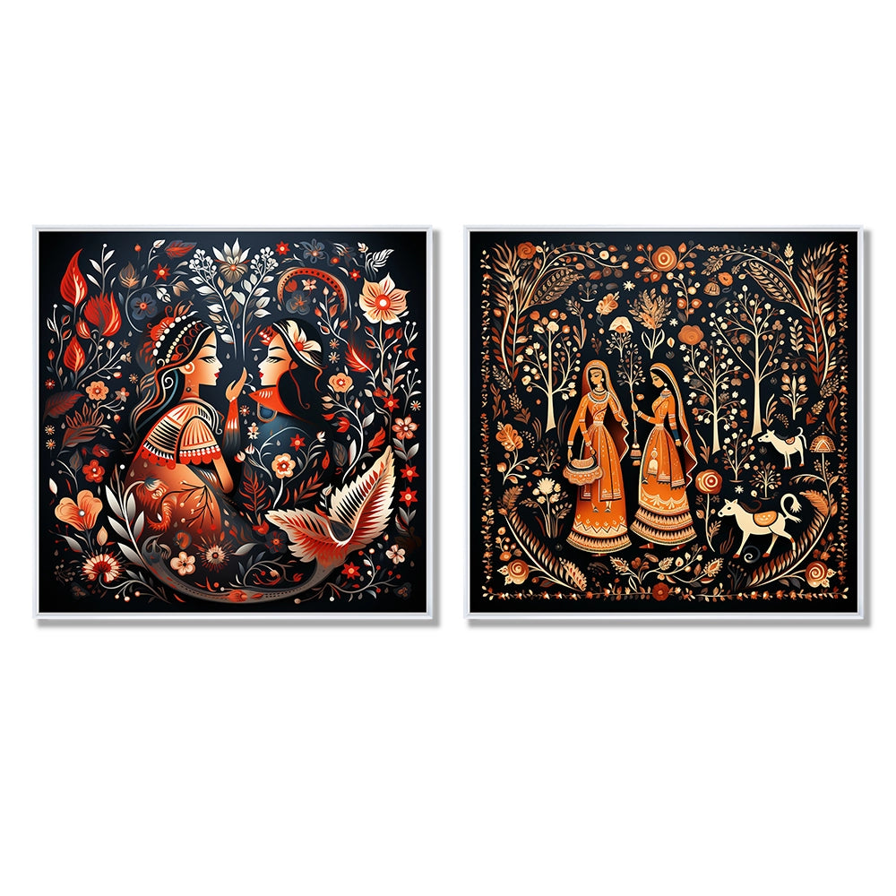 Indian Art Wall Art Set - Indian Art Rajasthani Folklore Tales I - 2 Pieces