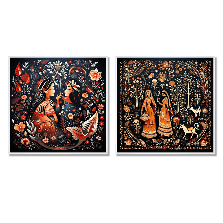 Indian Art Wall Art Set - Indian Art Rajasthani Folklore Tales I - 2 Pieces