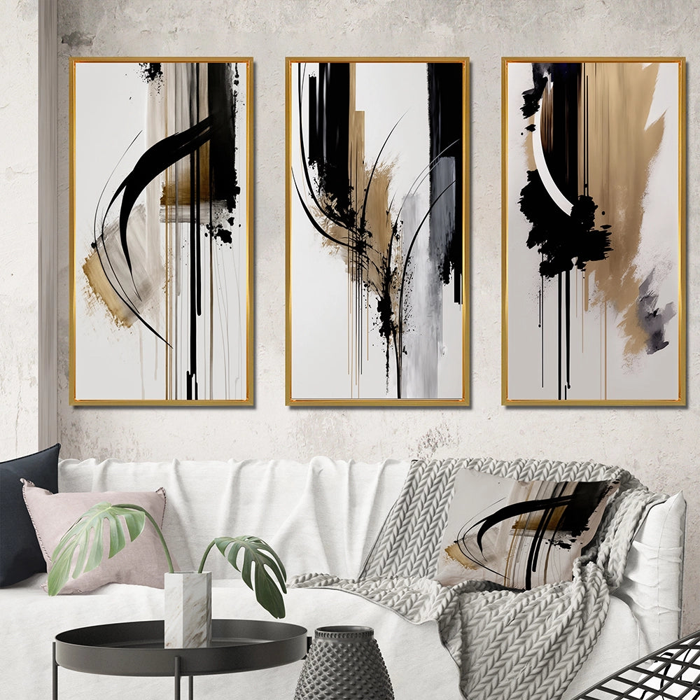 Modern Multi Panel Canvas Wall Art - Black, White And Gold Expression