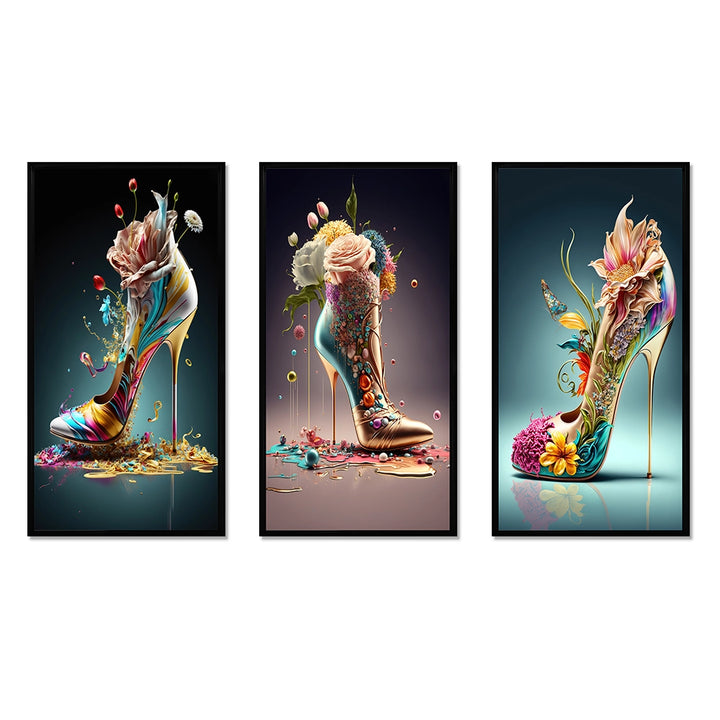Fashion Multi Panel Canvas Wall Art - Gold Floral High Heel Shoes