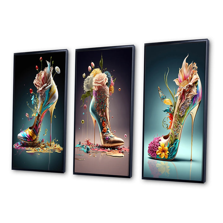 Fashion Multi Panel Canvas Wall Art - Gold Floral High Heel Shoes