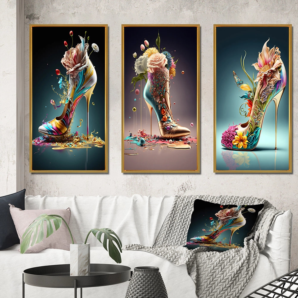 Fashion Multi Panel Canvas Wall Art - Gold Floral High Heel Shoes