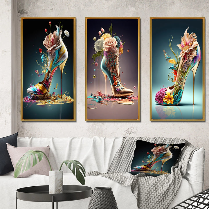 Fashion Multi Panel Canvas Wall Art - Gold Floral High Heel Shoes