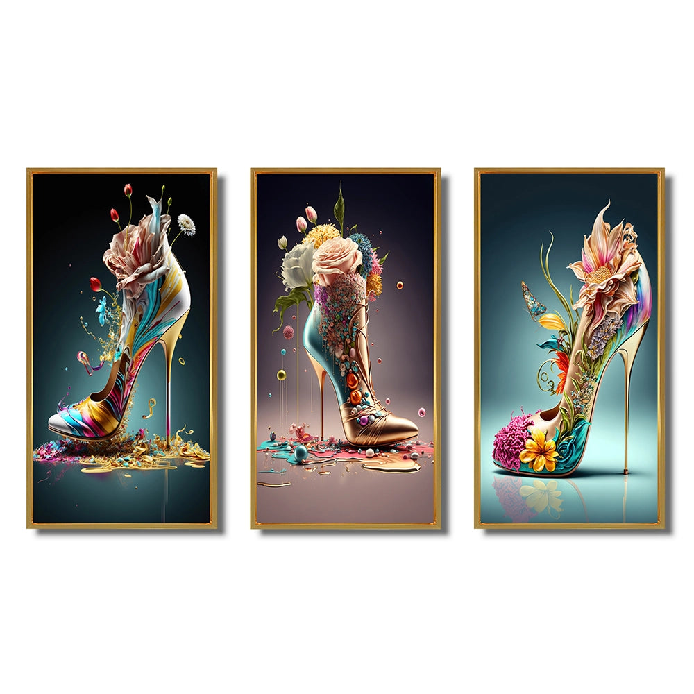 Fashion Multi Panel Canvas Wall Art - Gold Floral High Heel Shoes