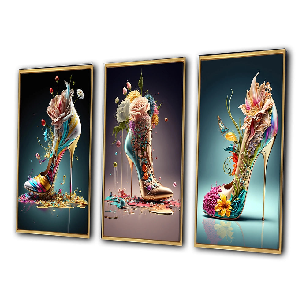 Fashion Multi Panel Canvas Wall Art - Gold Floral High Heel Shoes