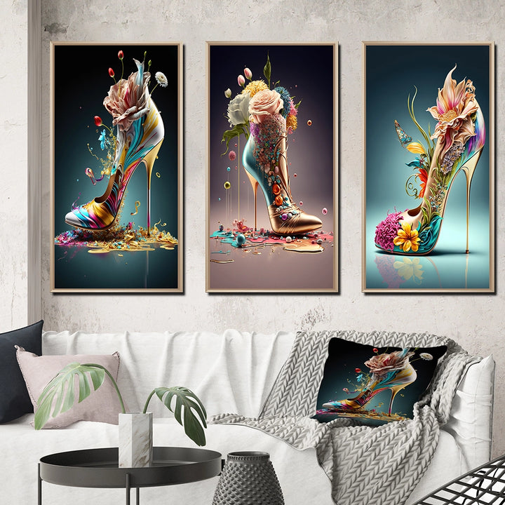 Fashion Multi Panel Canvas Wall Art - Gold Floral High Heel Shoes