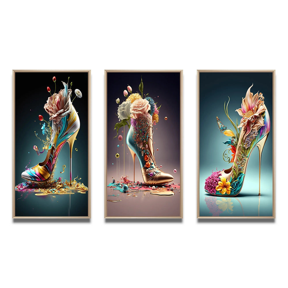Fashion Multi Panel Canvas Wall Art - Gold Floral High Heel Shoes