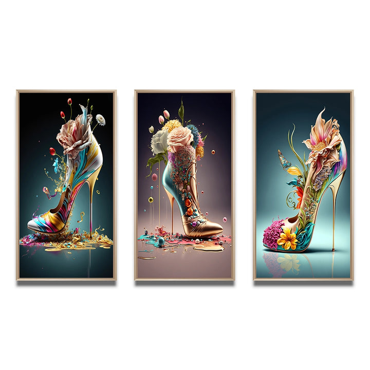 Fashion Multi Panel Canvas Wall Art - Gold Floral High Heel Shoes