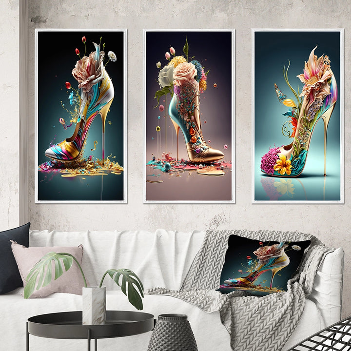 Fashion Multi Panel Canvas Wall Art - Gold Floral High Heel Shoes