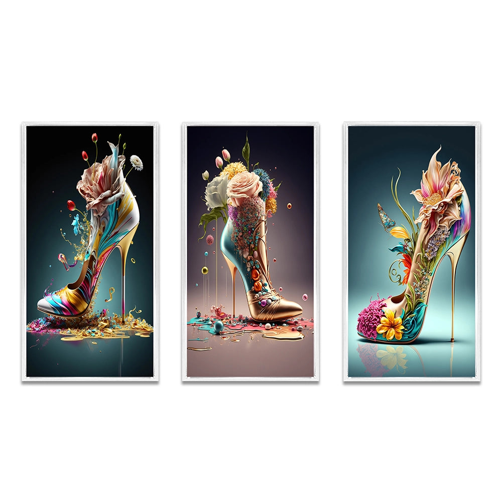 Fashion Multi Panel Canvas Wall Art - Gold Floral High Heel Shoes