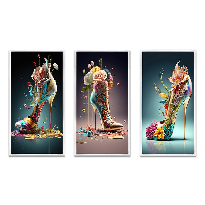 Fashion Multi Panel Canvas Wall Art - Gold Floral High Heel Shoes