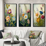 Traditional Canvas Wall Art Set - Painted Blossoming Wildflowers - 3 Pieces