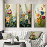 Traditional Canvas Wall Art Set - Painted Blossoming Wildflowers - 3 Pieces