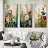 Traditional Canvas Wall Art Set - Painted Blossoming Wildflowers - 3 Pieces
