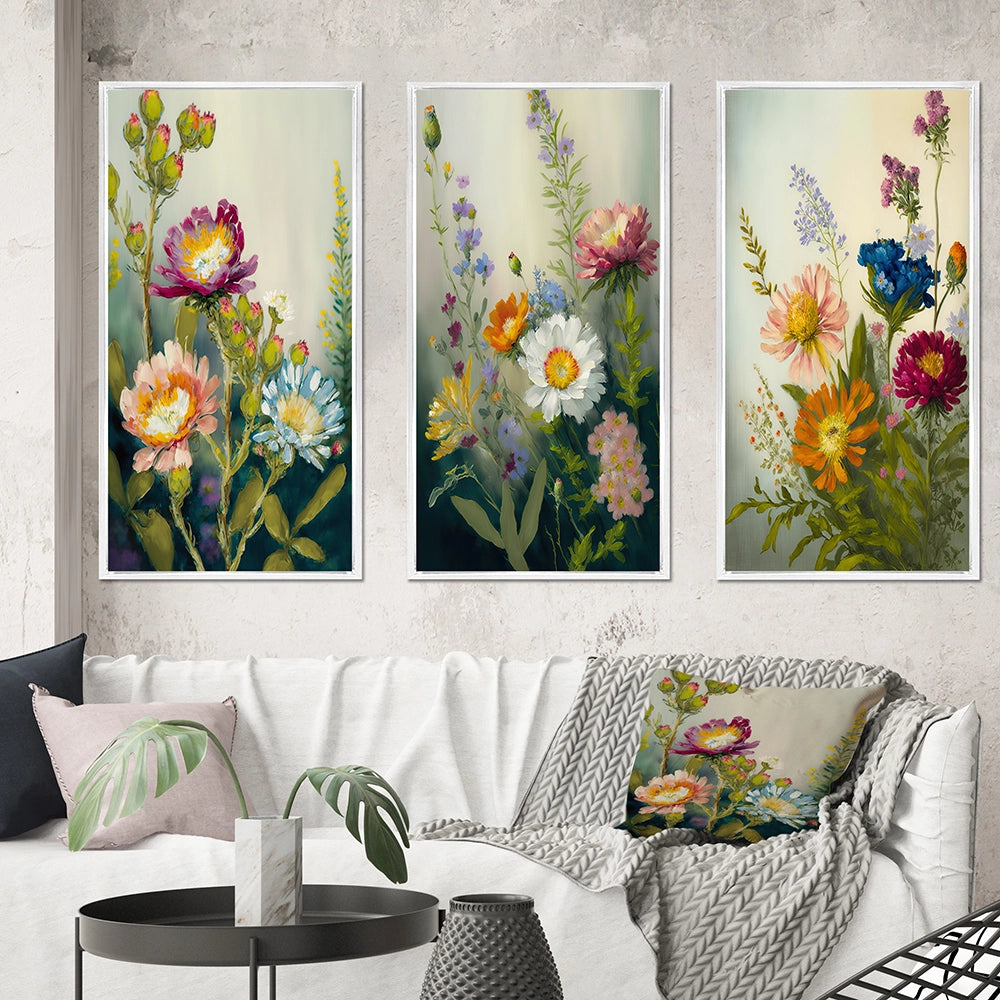 Traditional Canvas Wall Art Set - Painted Blossoming Wildflowers - 3 Pieces